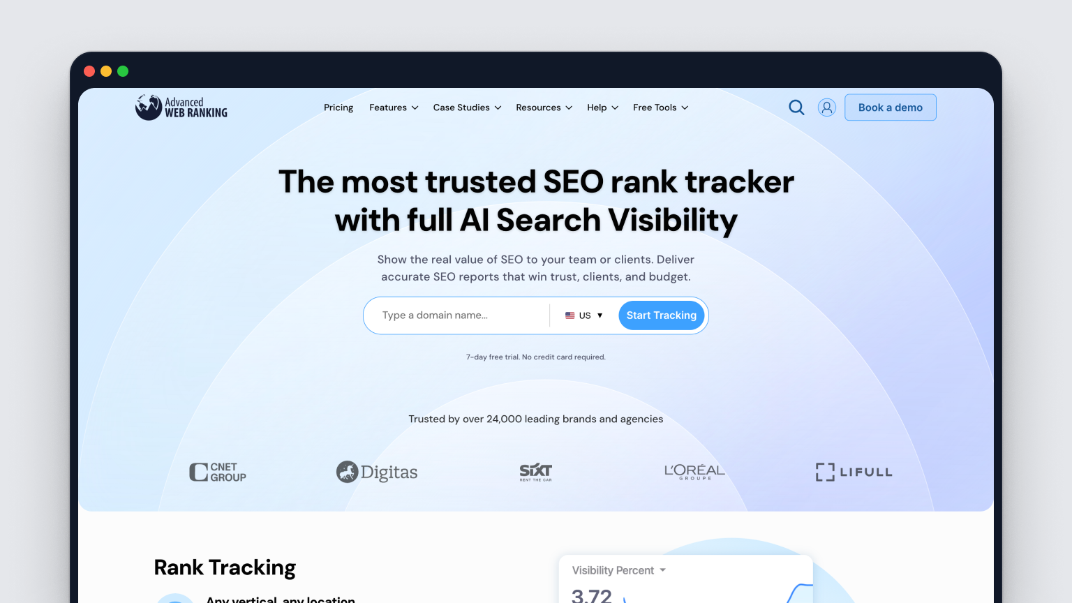 Screenshot of Advanced Web Ranking's homepage