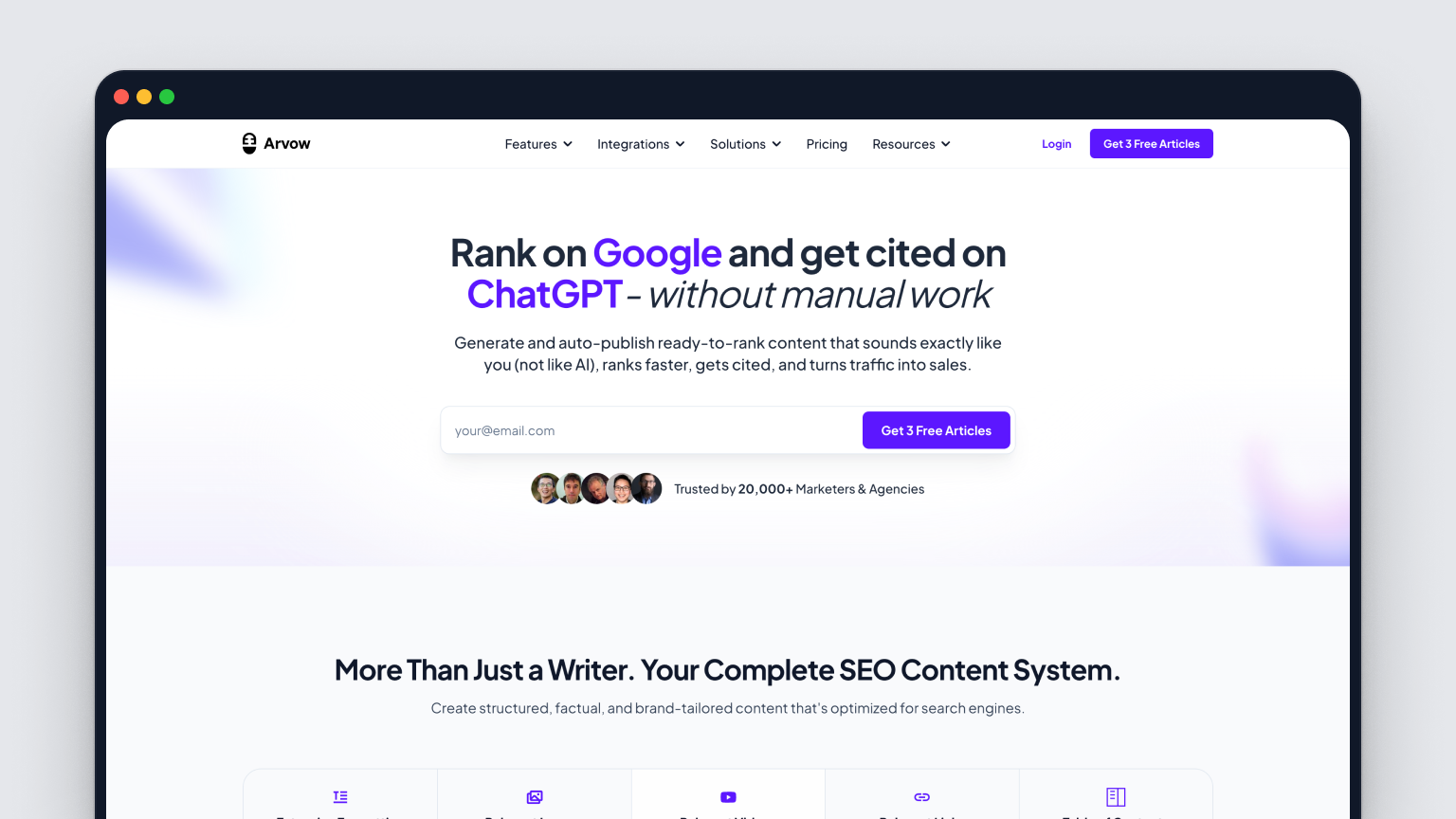 Screenshot of Arvow's homepage