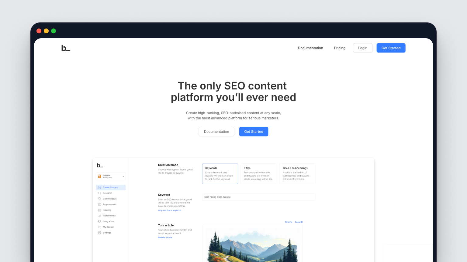 Screenshot of byword's homepage