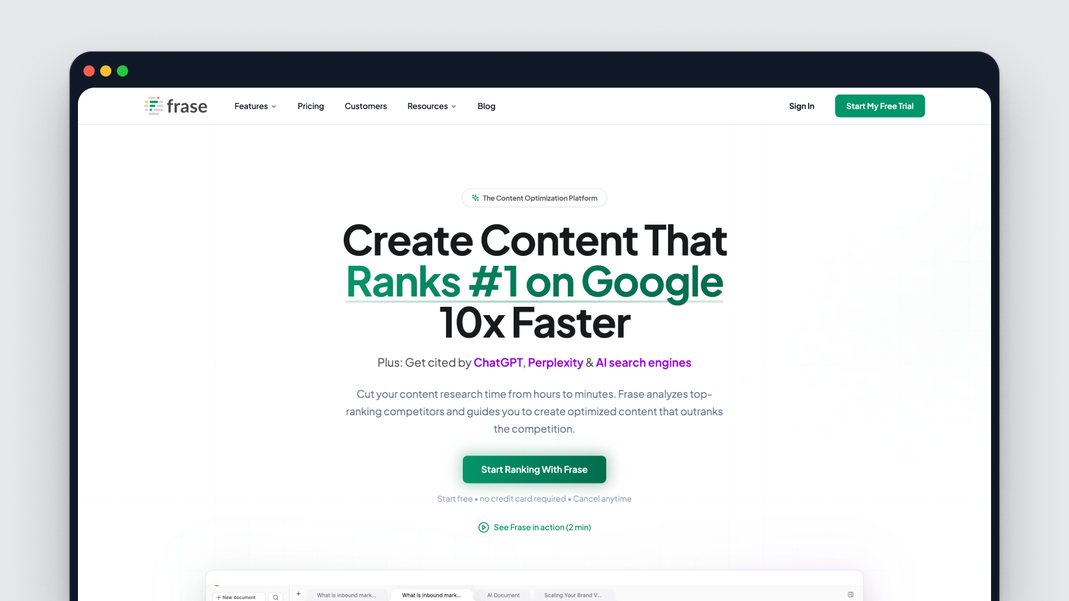 Screenshot of Frase's homepage