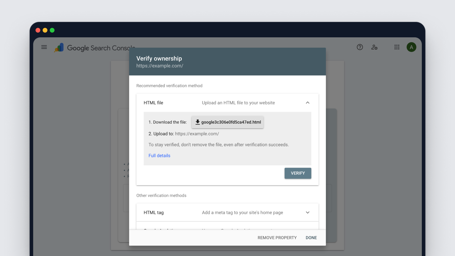 Google Search Console verify url