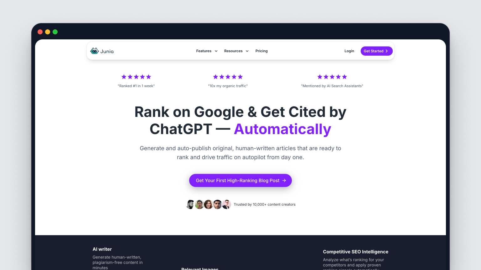 Screenshot of Junia AI's homepage