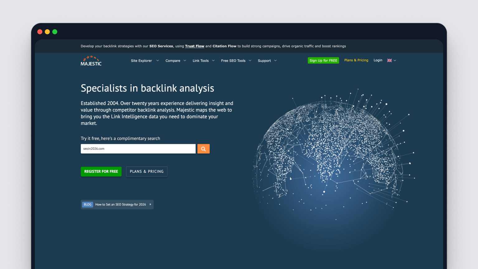 Screenshot of Majestic's homepage