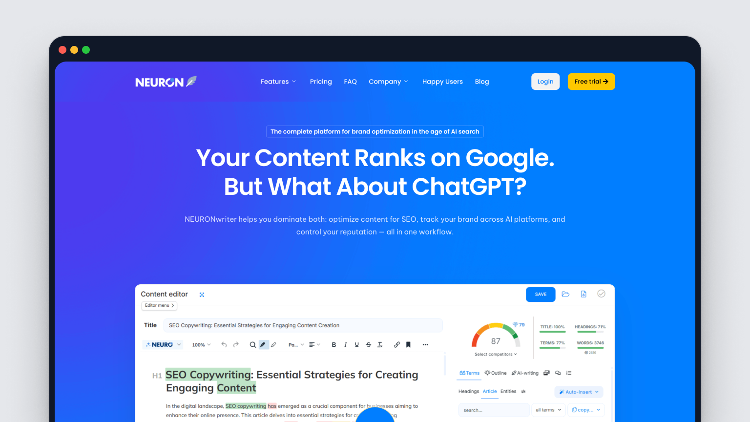 Screenshot of NeuronWriter's homepage