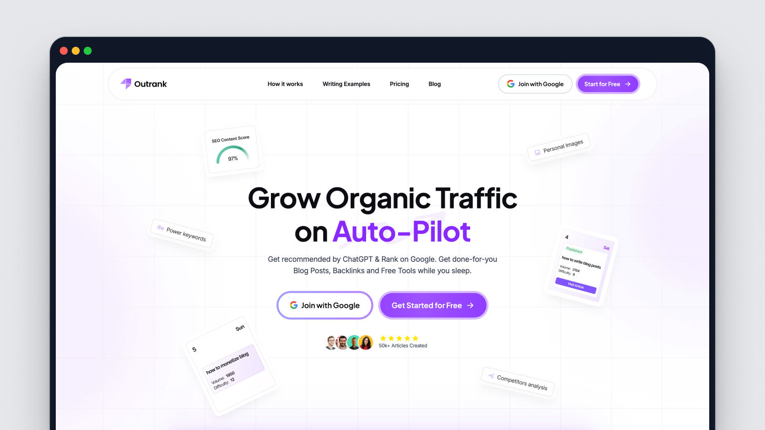 Screenshot of Outrank's homepage