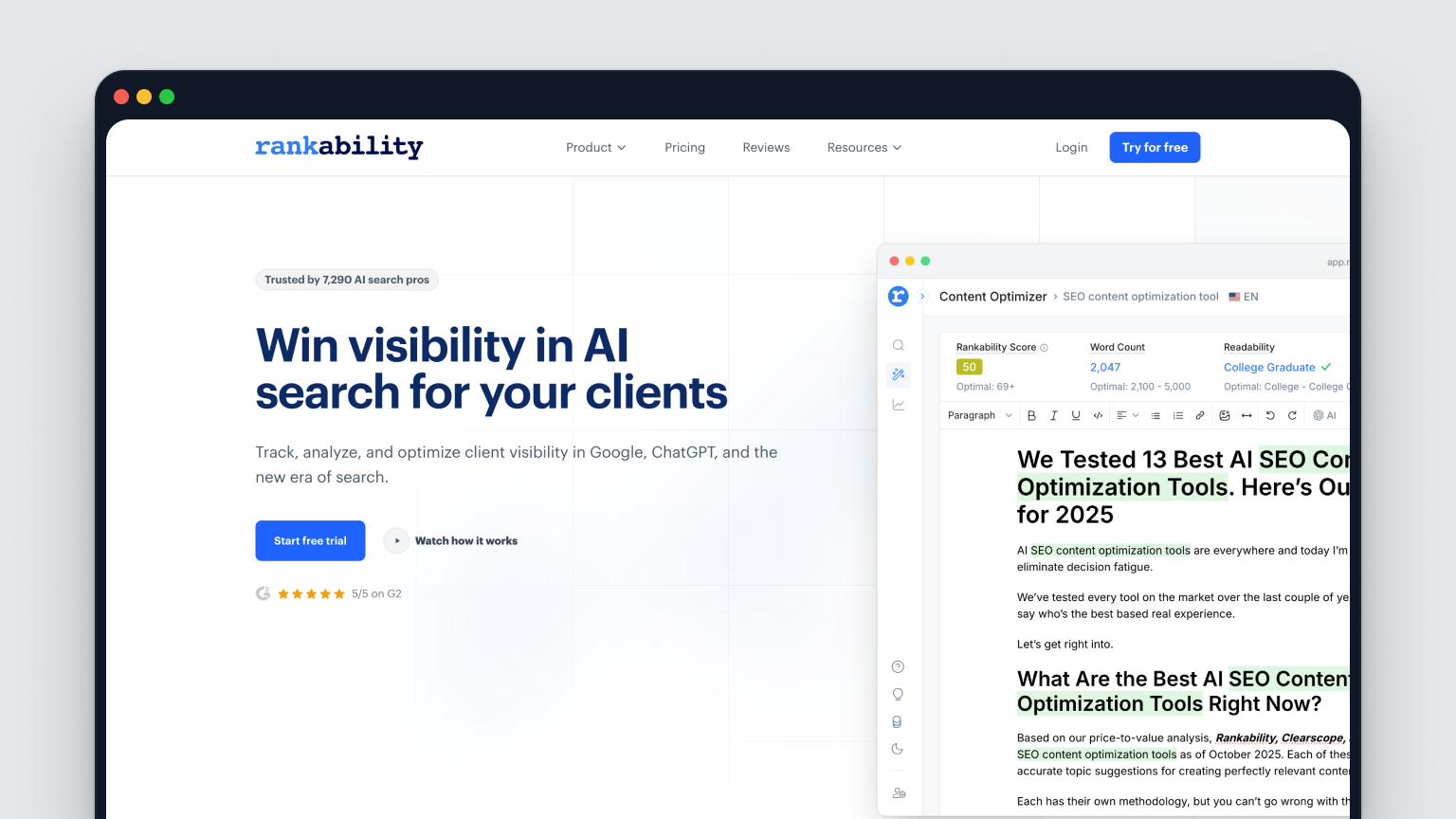 Screenshot of Rankability's homepage