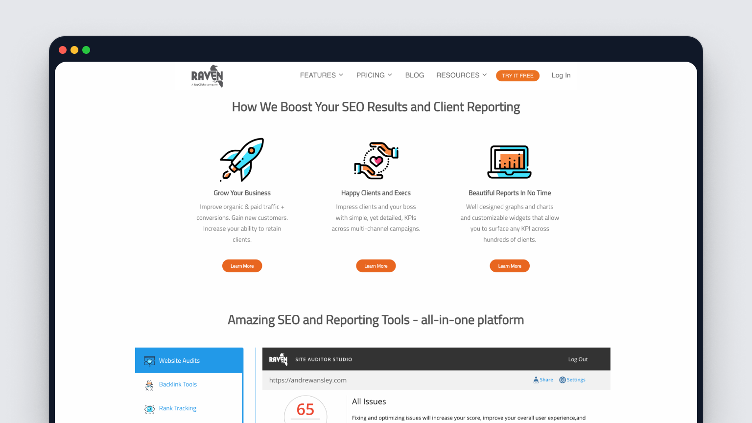 Screenshot of Raven Tools's homepage