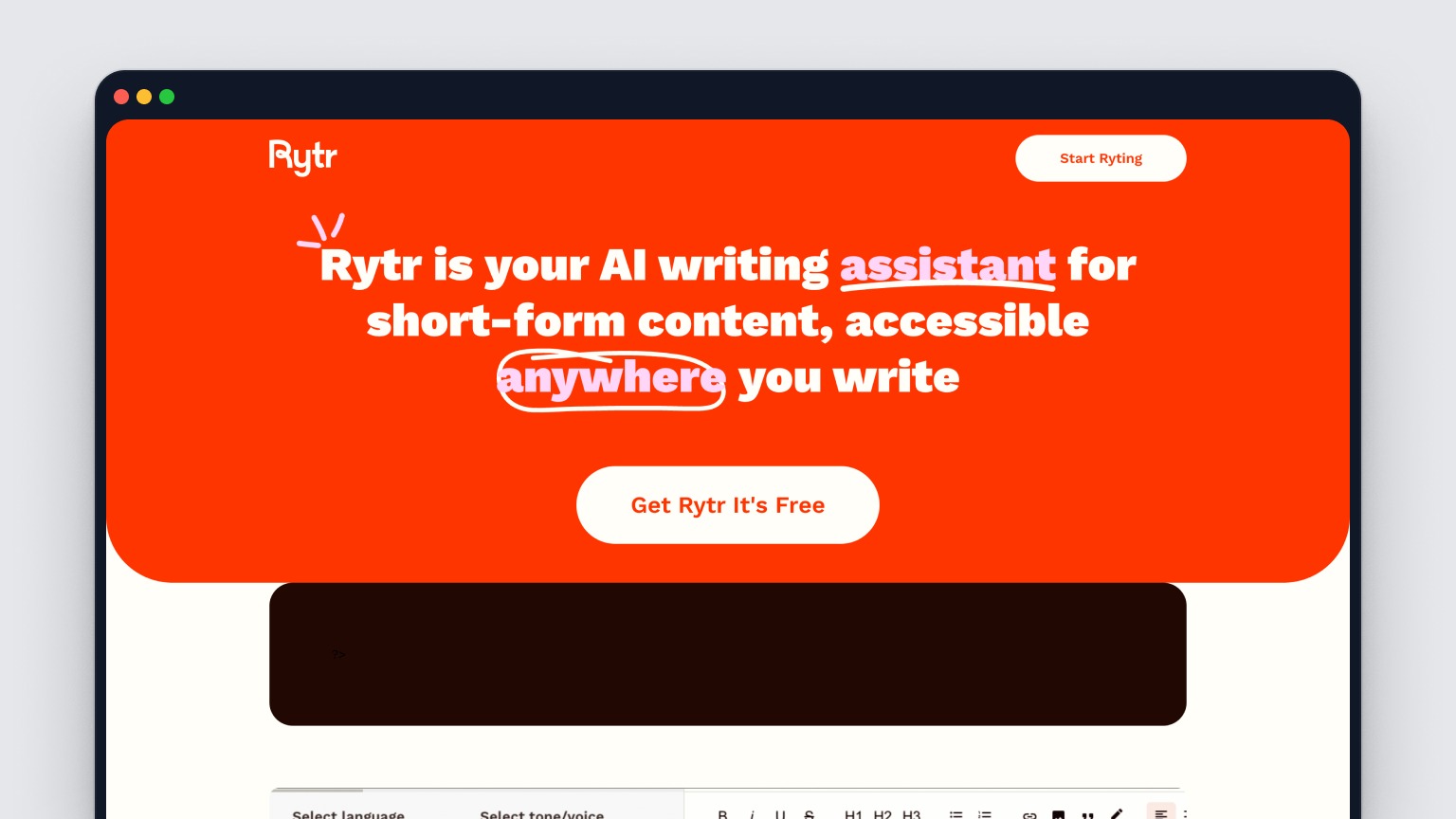 Screenshot of Rytr's homepage