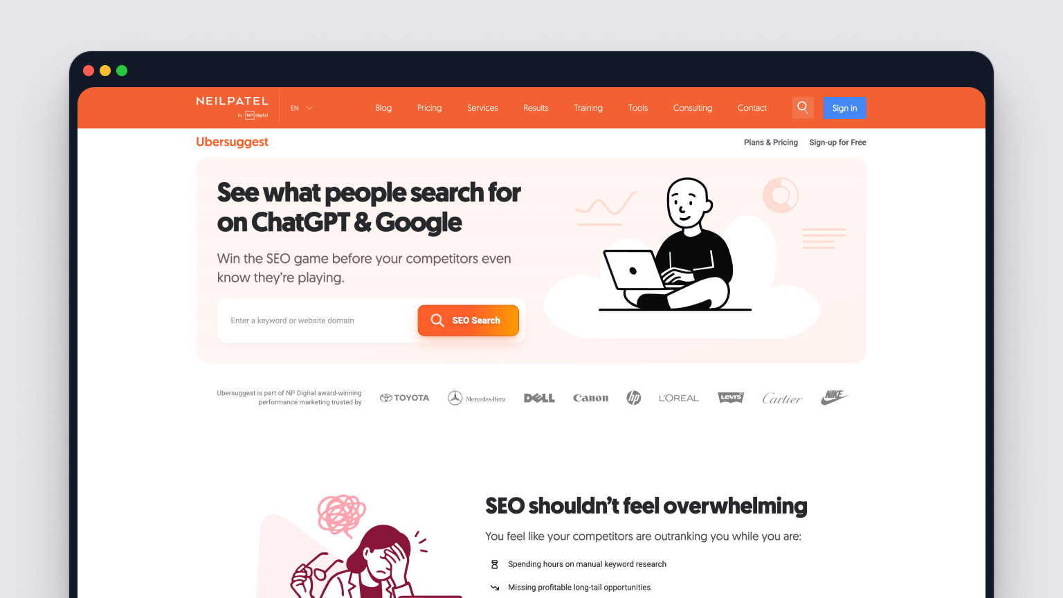 Screenshot of Ubersuggest's homepage