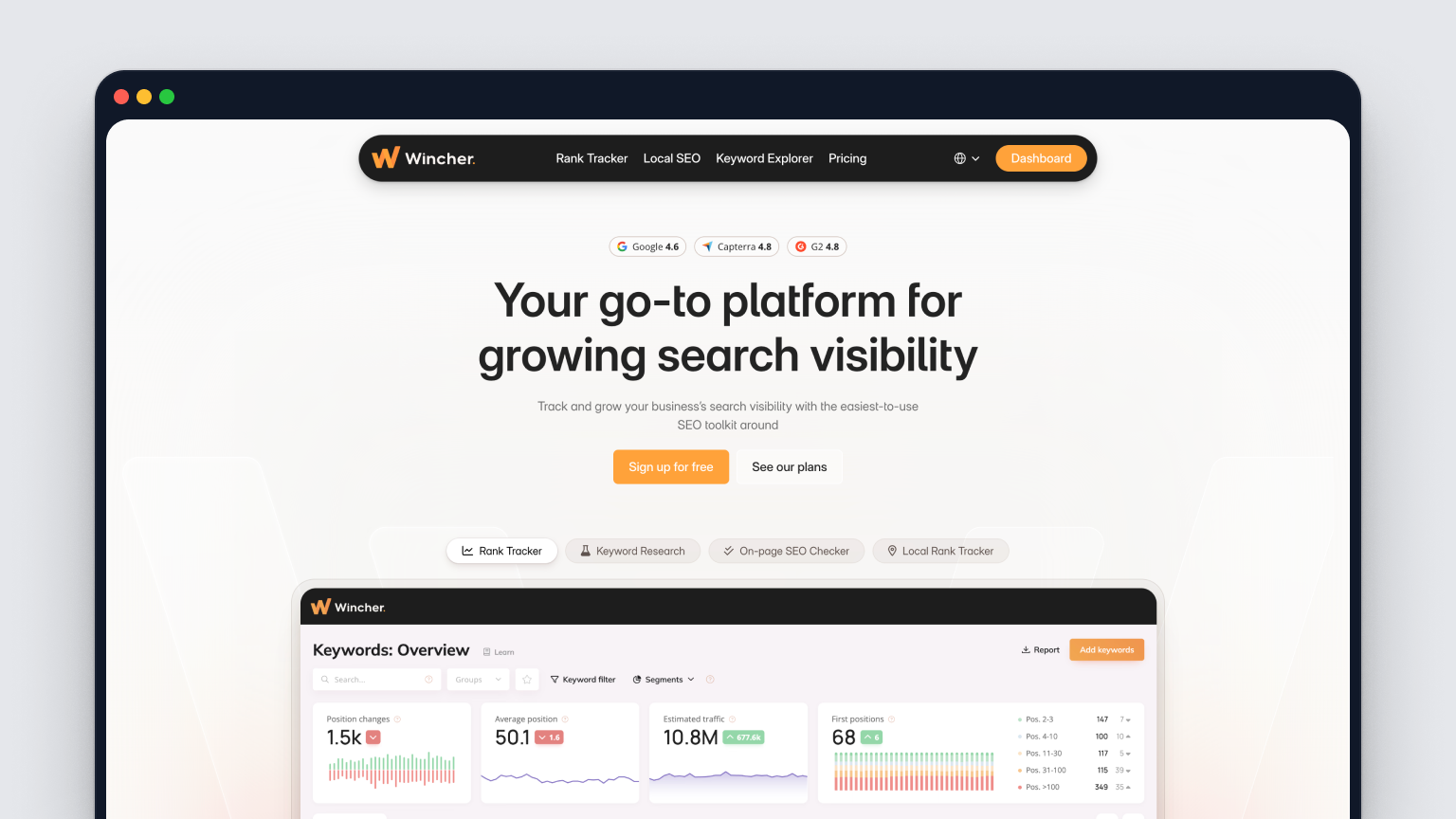Screenshot of Wincher's homepage
