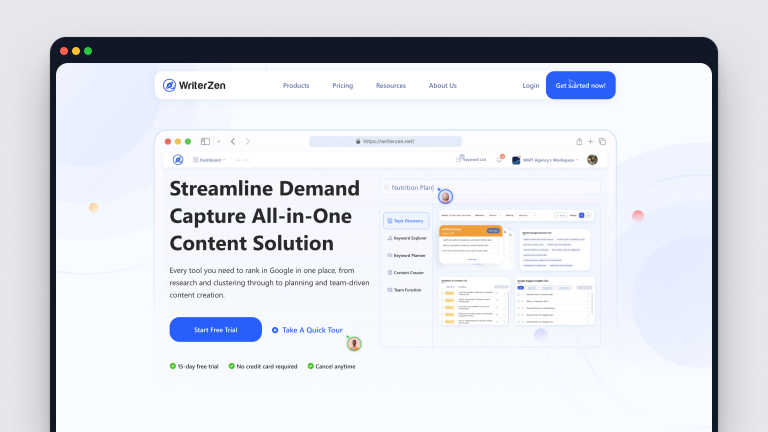 Screenshot of WriterZen's homepage